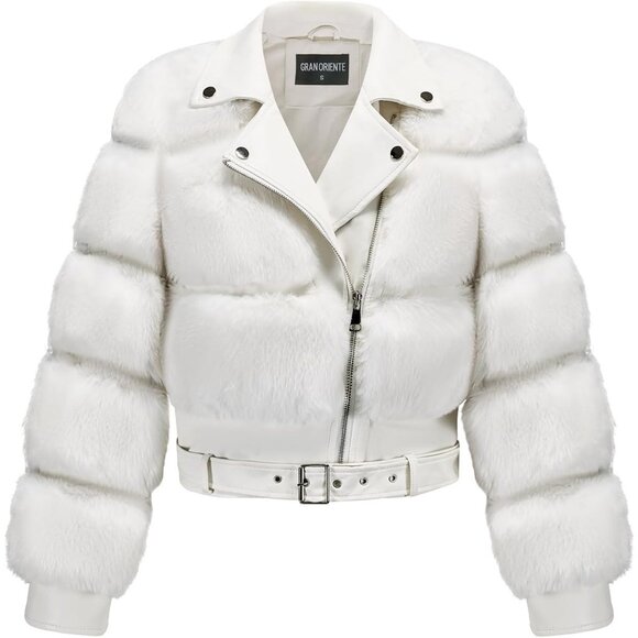 Jackets & Blazers - Women's Moto Style Cropped Faux Fur Leather Belted Biker Coat Zip Up White
